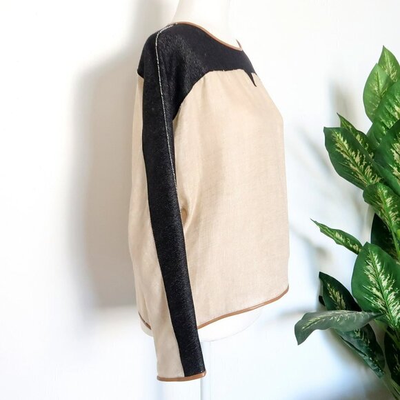 Dina Agam Anthropologie Linen Denim Lambskin Leather Crew Neck Long Sleeve Top M - Picture 7 of 12